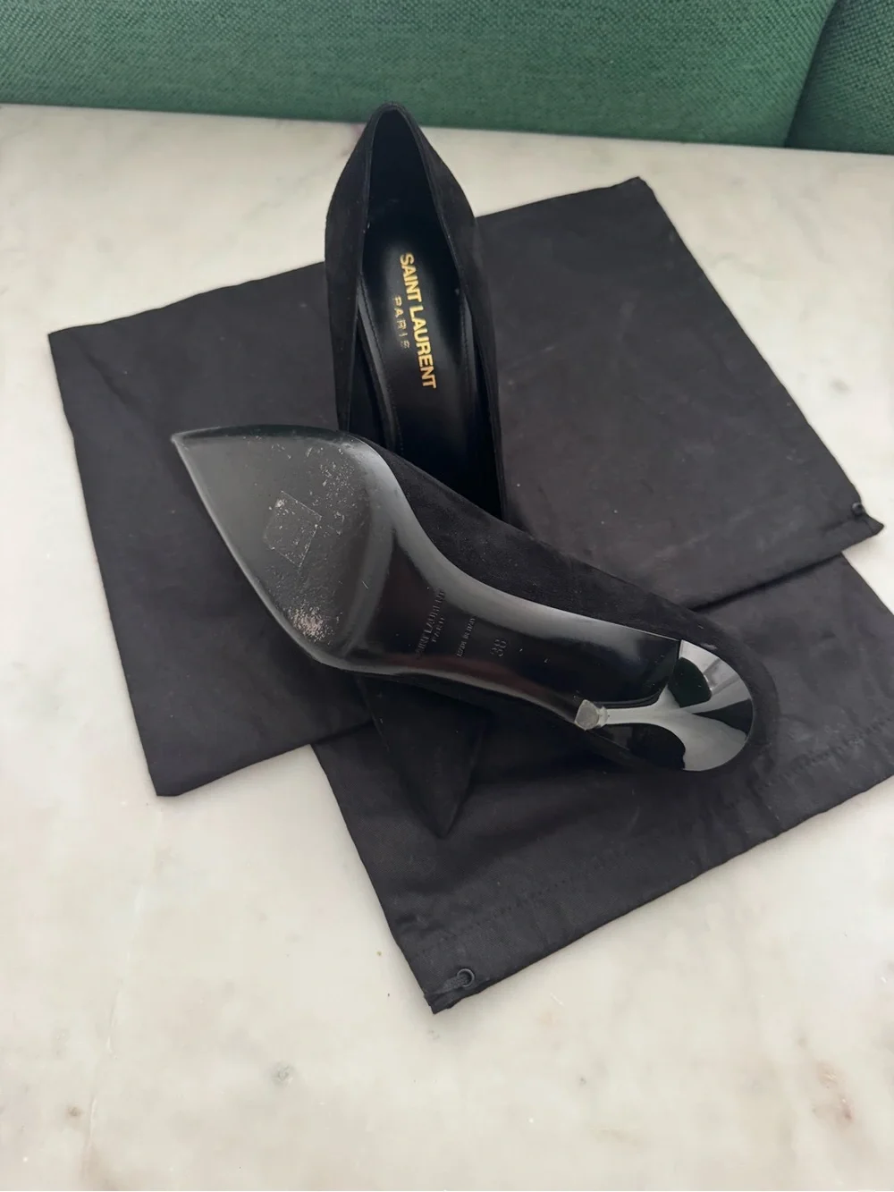 Saint Laurent Black Suede Pointed Pumps with Gold Logo - Picture 4 of 5